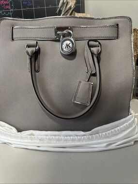 Michael Kors Gray Saffiano Leather Tote Satchel with MK Padlock